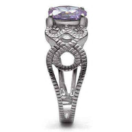 Light Amethyst CZ ring with polished stainless steel band and intricate design