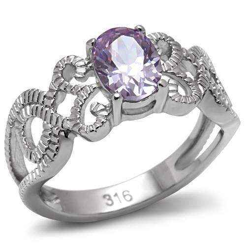 Light amethyst CZ stainless steel ring with intricate design and polished finish