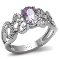 Light amethyst CZ stainless steel ring with intricate design and polished finish