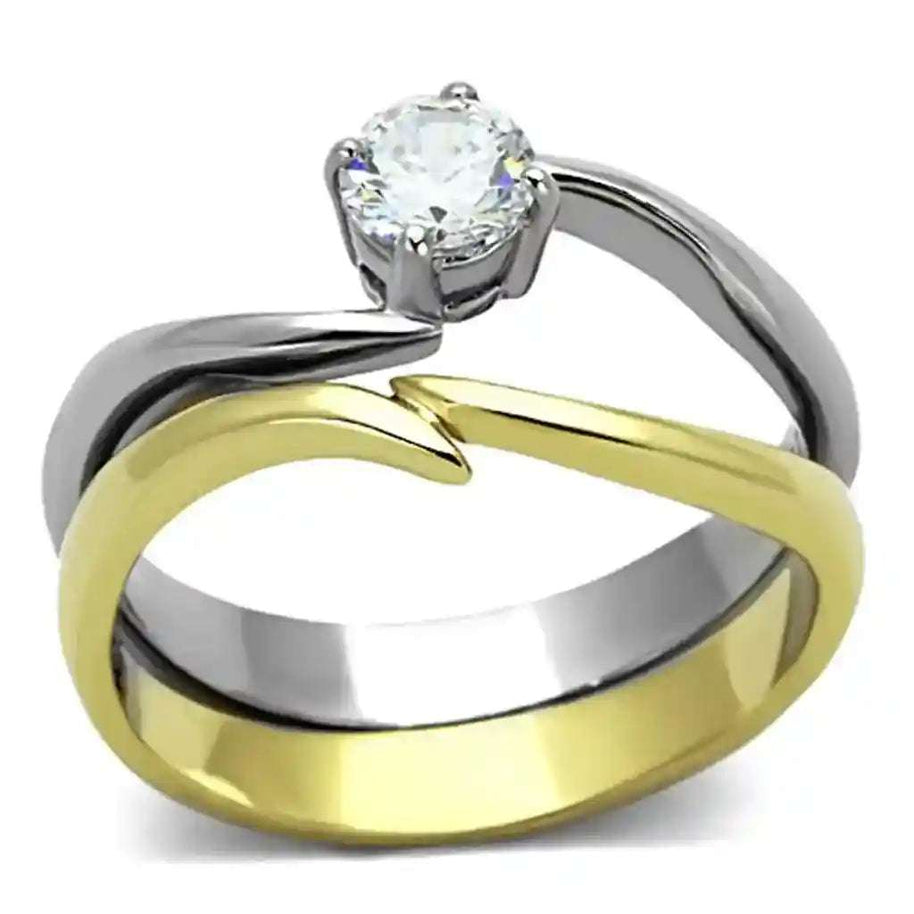 Two-tone CZ stainless steel ring with clear cubic zirconia and gold and silver finishes