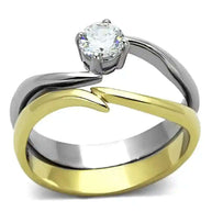 Two-tone CZ stainless steel ring with clear cubic zirconia and gold and silver finishes