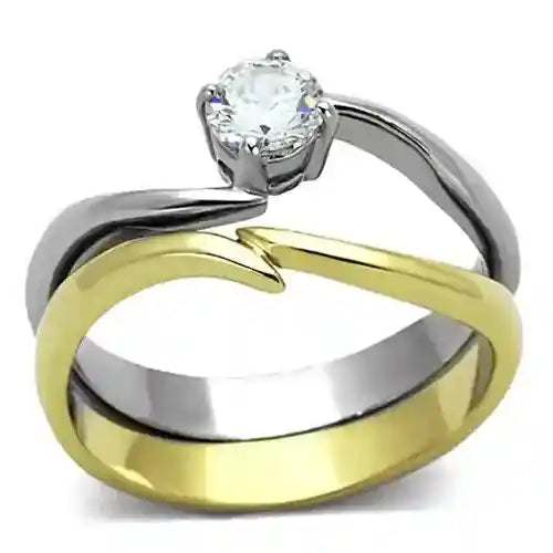 Two-tone CZ stainless steel ring with clear cubic zirconia centerpiece and dual gold and silver finishes
