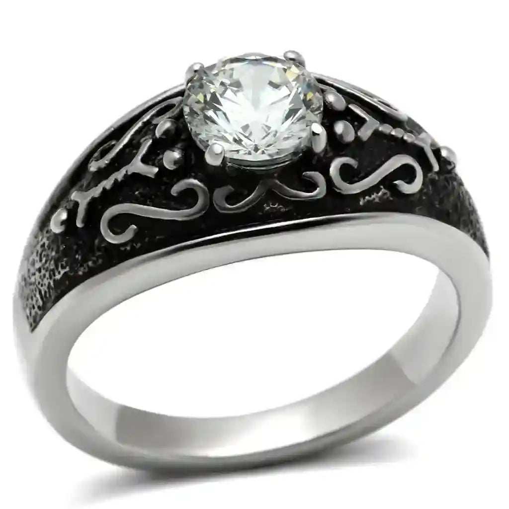 Clear CZ Stainless Steel Ring with clear cubic zirconia and intricate black textured design