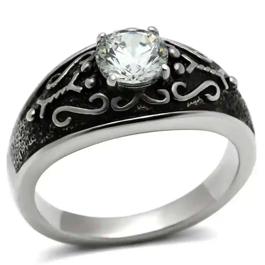 Clear CZ Stainless Steel Ring with clear cubic zirconia and intricate black textured design