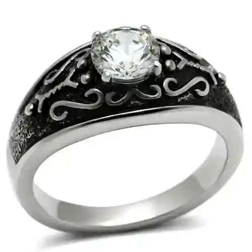 Clear CZ Stainless Steel Ring with clear cubic zirconia stone and intricate black detailing