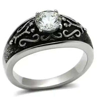 Clear CZ Stainless Steel Ring with clear cubic zirconia stone and intricate black detailing