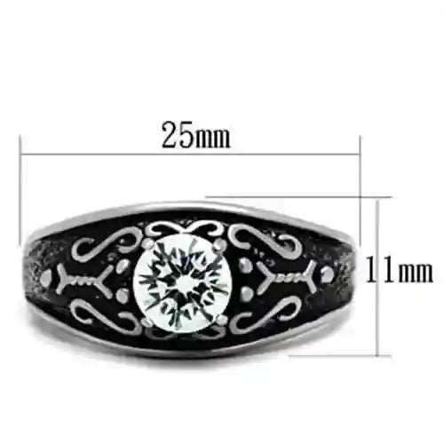 25mm wide Clear CZ stainless steel ring with intricate black design and central clear cubic zirconia stone