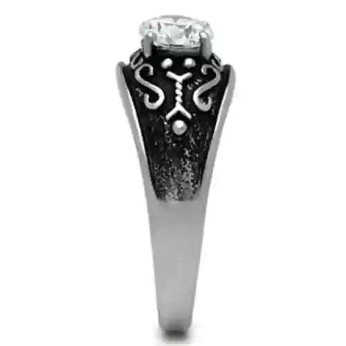 Clear CZ stainless steel ring with clear cubic zirconia and intricate band design