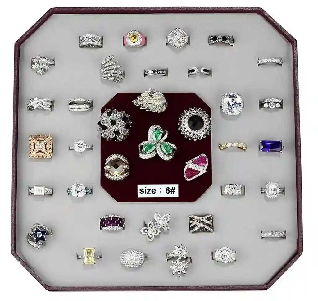 Assorted Gemstone Brass Rings size 6 with various colorful gemstones and intricate designs in a display box