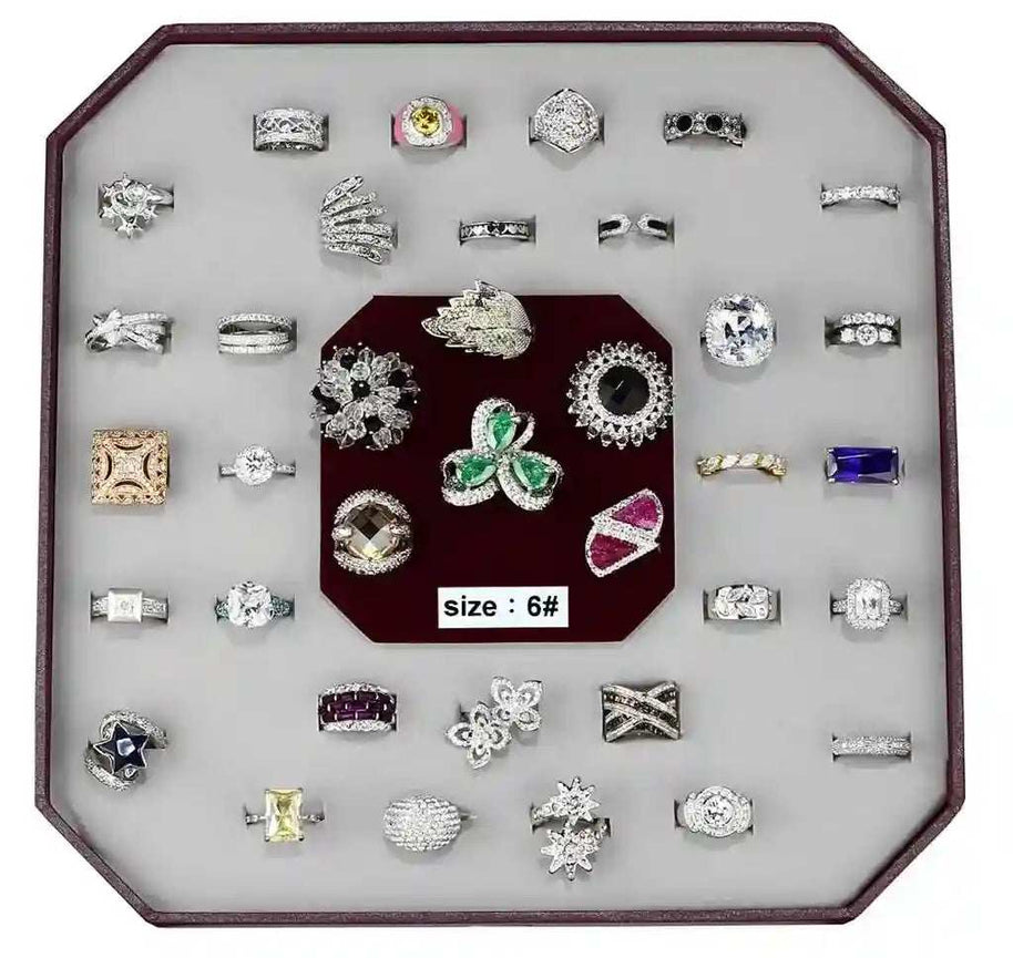 Assorted Gemstone Brass Rings size 6 with various colorful gemstones and intricate designs in a display box