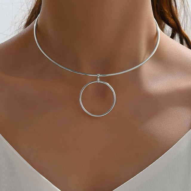 Women Collar Choker Necklace Big Circle Geometric Metal Pendants Torques Statement Necklaces - AuriJewel - 0