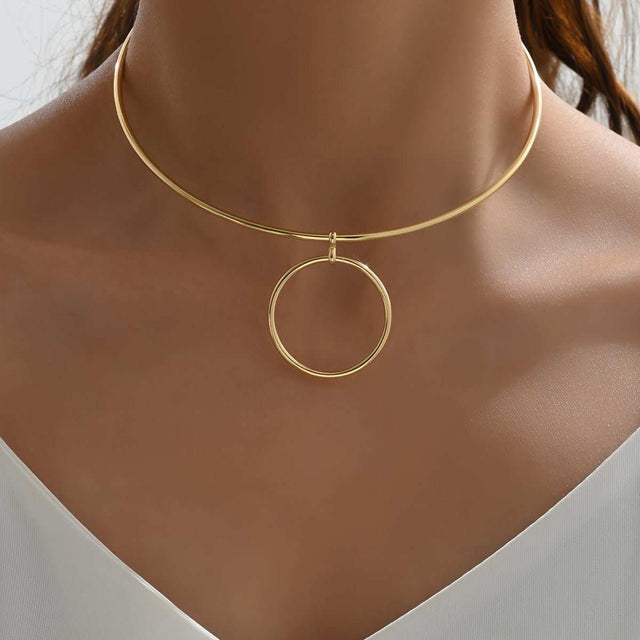Women Collar Choker Necklace Big Circle Geometric Metal Pendants Torques Statement Necklaces - AuriJewel - 0